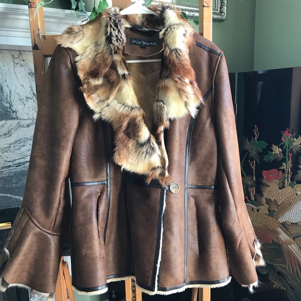 Brown Leather Jacket with Fur Trim